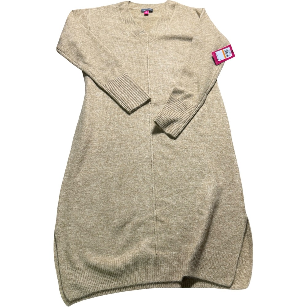 Vince Camuto Sweater Dress Womens Small Tan V-Neck Midi Cozy Season 91523226